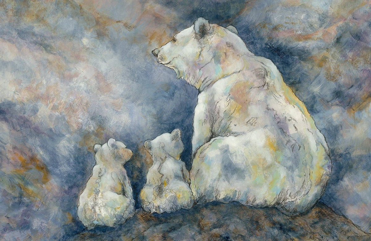 A mixed media painting of a polar bear mother and her two cubs sitting together on a rocky outcrop, rendered in soft blended tones of blue, gray, white, and warm beige created by artist Nicole Z Edwards.