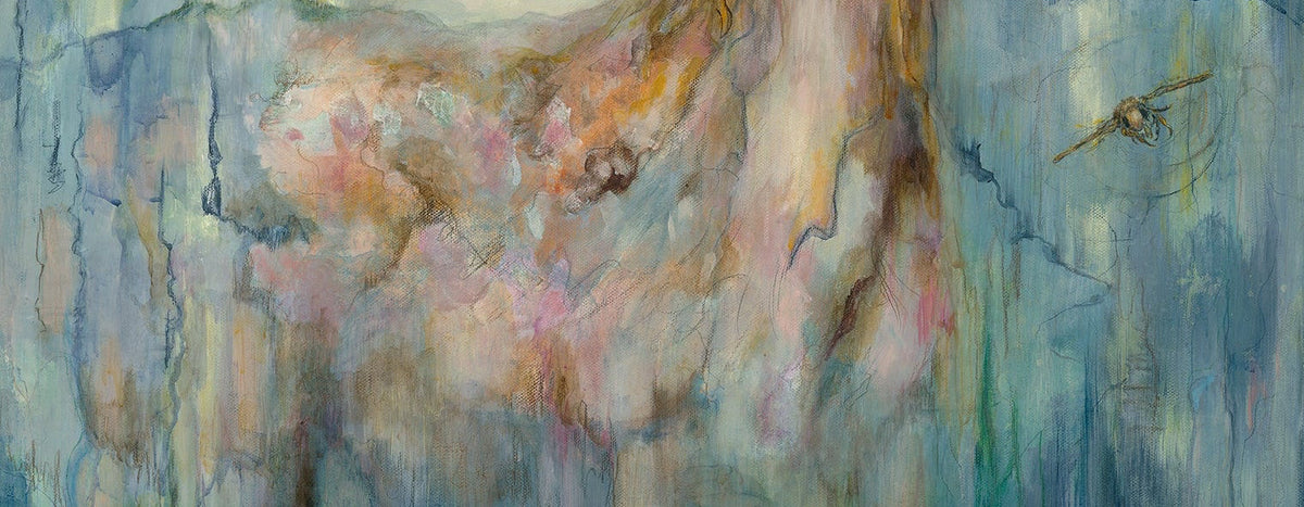 A cropped, up close painted portrait of a deer with large ears and dark eyes, rendered in soft blue, gray, beige, and pink tones, with small butterfly-like figures near the corners created by mixed media artist Nicole Z Edwards.