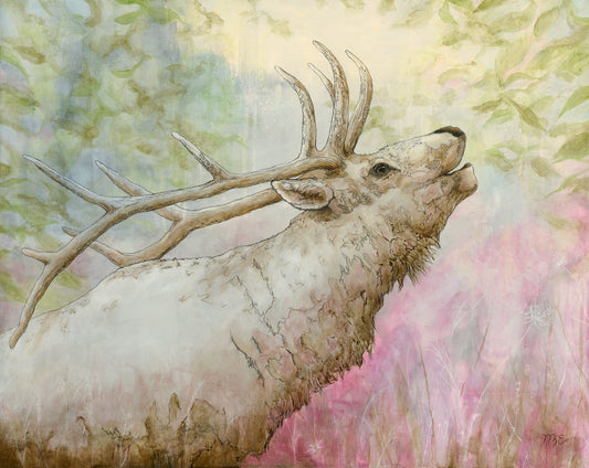 A painted artwork of a large deer or elk with antlers, shown in profile against a soft, dreamy background of green foliage and pink grasses. The featured art is titled, Resonance, created by mixed-media artist Nicole Z Edwards.