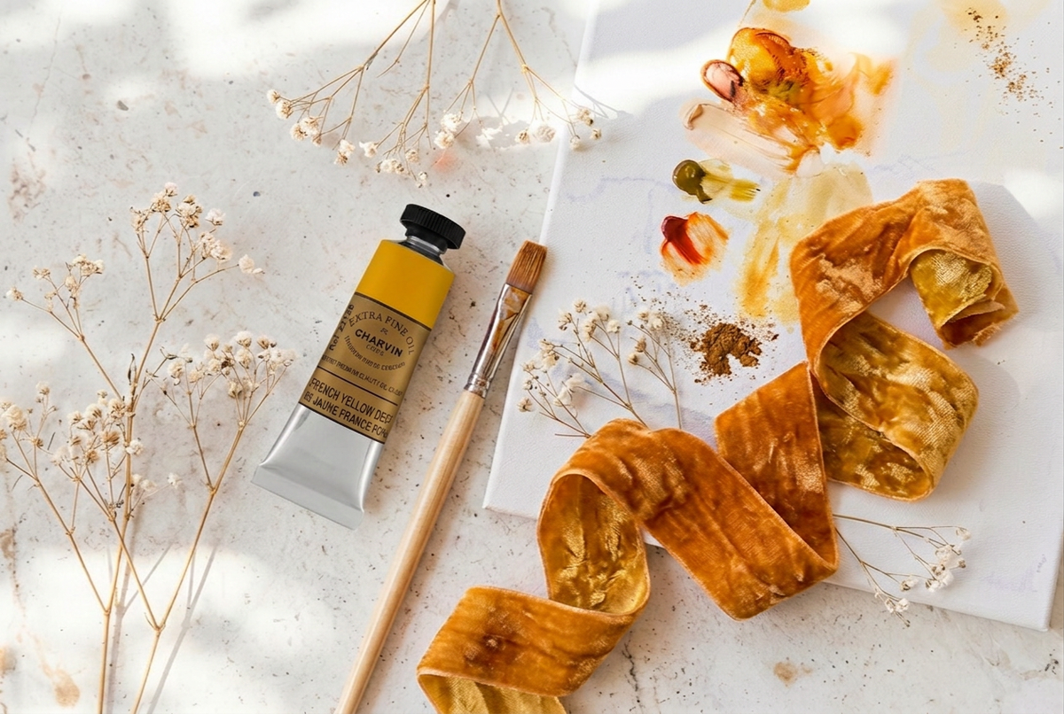 A tube of french yellow deep paint with a wooden-handled paintbrush and ribbon arranged on a white marble surface with dried flowers and a paint palette. 