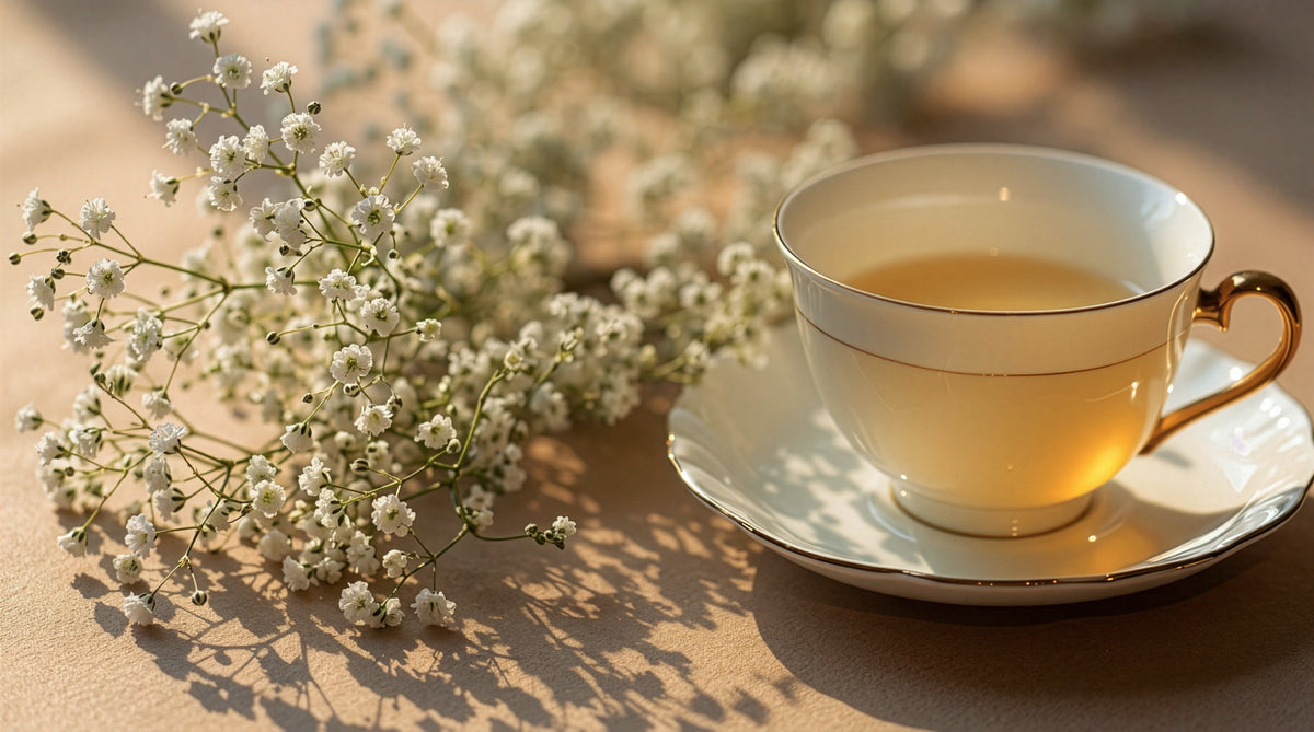 A white ceramic teacup filled with tea on a matching saucer, styled with white baby's breath flowers on a beige surface in warm sunlight.