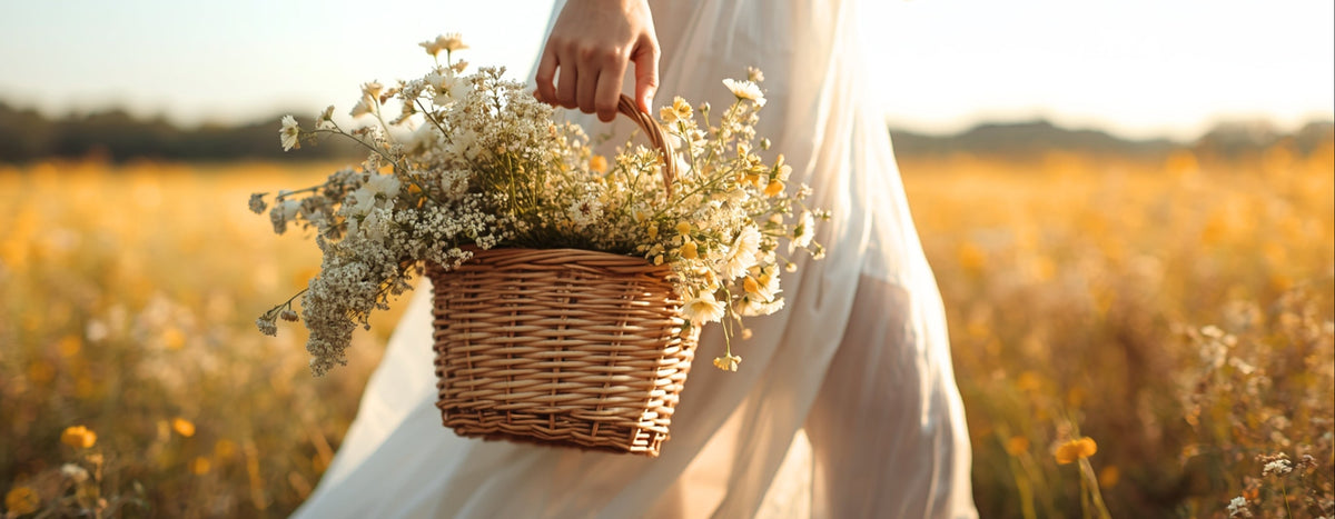 A woman in a flowing white dress walks through a golden flower field while carrying a wicker basket filled with white wildflowers.