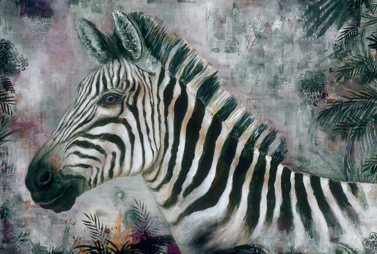 A stylized painting of a zebra in profile against a textured, painterly background with muted gray, green, and pink tones and tropical leaf silhouettes created by artist Nicole Z Edwards. 
